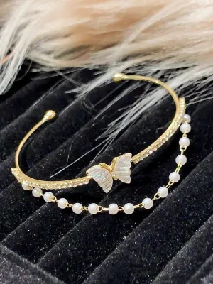 1 pc Butterfly Shaped Pearl Tassel Golden Bracelet